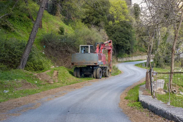 Építési Road Teherautó Parkolt Vidéken — Stock Fotó