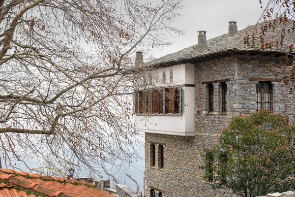 Tipik Mimari Evlerin Taş Dışında Pelion Dağ Alan Taş Binalarda — Stok fotoğraf