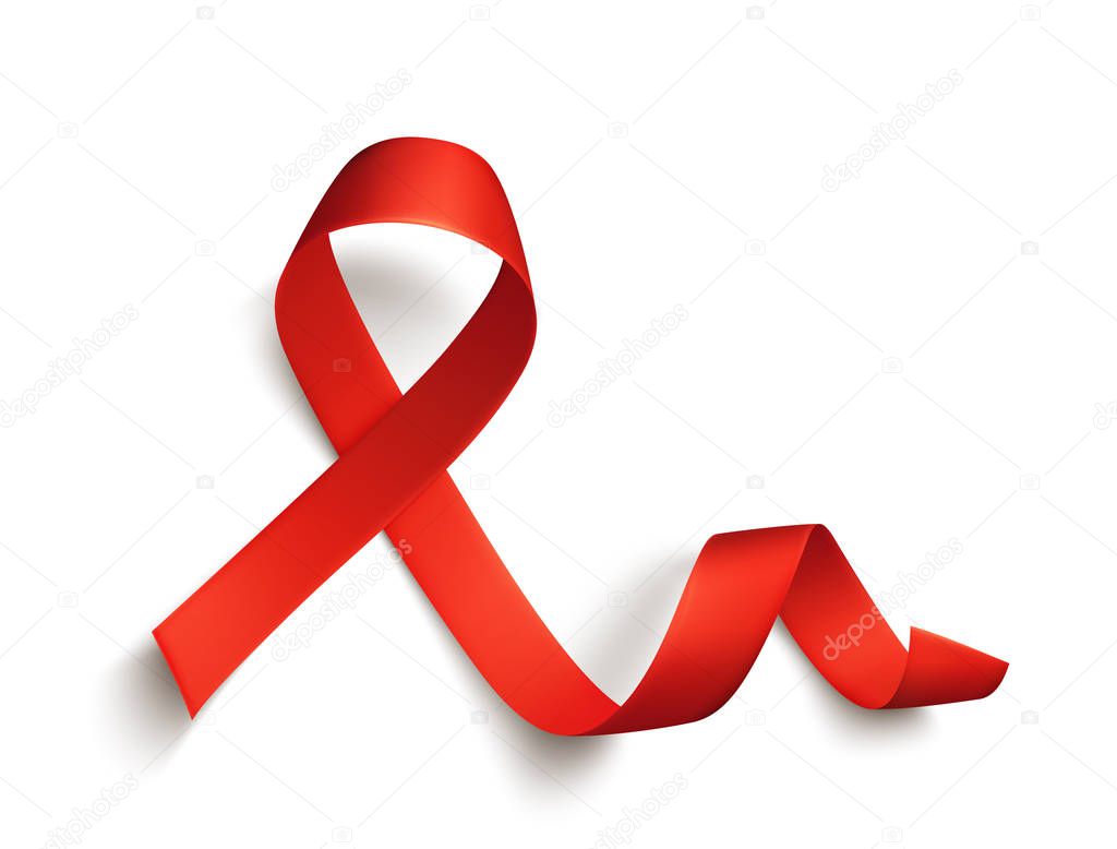 Realistic red ribbon, world aids day symbol, 1 december, vector illustration. World cancer day - 4 february.