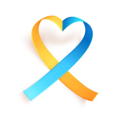Heart shaped blue yellow ribbon over white background. Template symbol for World down syndrome day March 21. Vector clipart