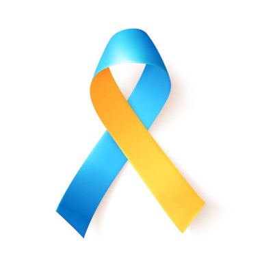Beyaz arka planda mavi sarı kurdele. 21 Mart Dünya Down Sendromu için bir şablon sembolü. Vektör