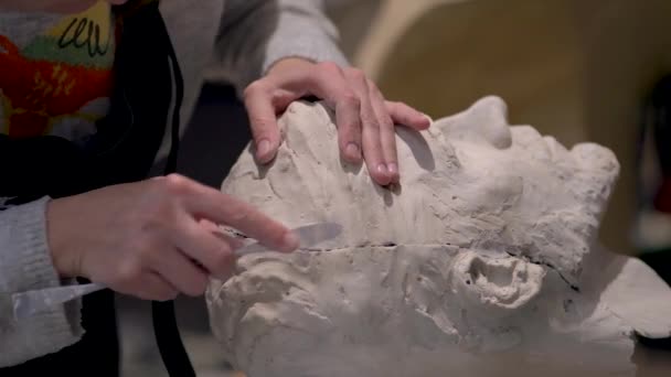 Il processo di creazione della scultura. Lo scultore sta lavorando. — Video Stock