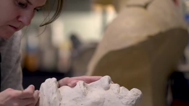 Le processus de création de sculptures. Le sculpteur travaille. — Video