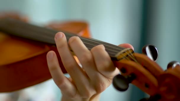 Девушка, играющая на скрипке. Руки музыканта крупным планом — стоковое видео