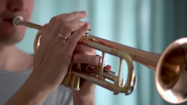 Genç adam trompet çalıyor. — Stok video