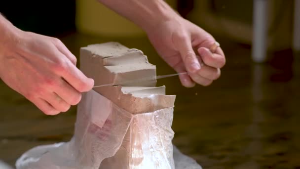 Изготовление керамики. Человек делает скульптуры из глины на гончарном круге — стоковое видео