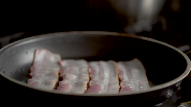 Kousky slaniny jsou smažené v kovové pánvi. Zrychlené video. Zavřít pohled — Stock video