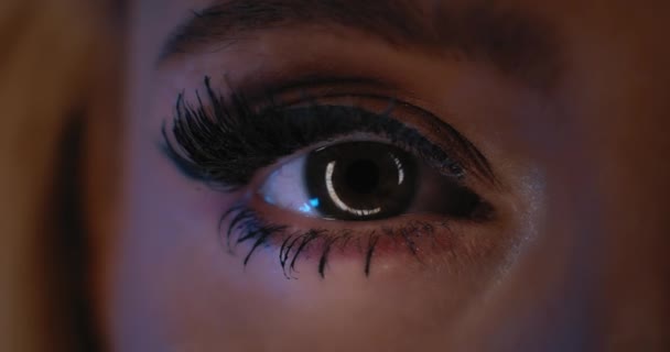 Blisko Kobiecego Oka Pięknym Makijażem Imprezowym Długimi Czarnymi Rzęsami Otwierającymi — Wideo stockowe