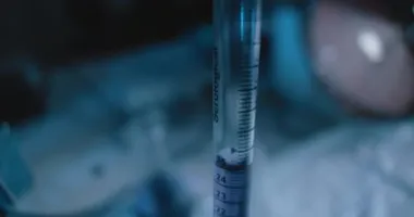 Mor sıvının yakın plan görüntüsü konik bir şişeye konuyor. Yakın çekim, yavaş çekim, takip çekimi, el kamerası. Bmpcc 4K ile vurulmuş. Kavram: Bilim, kimya