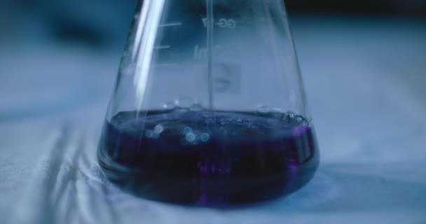 Wetenschapper Voegt Een Paarse Vloeistof Toe Aan Een Erlenmeyer Chemicaliën — Stockvideo