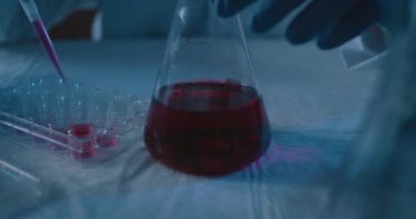 Bilim adamı kırmızı sıvı örneğini mikro pipetle test tüplerine yerleştiriyor. Yaklaş, sola dön, yavaş çekim, Bmpcc 4k. çekim. Konsept: kimya, bilim