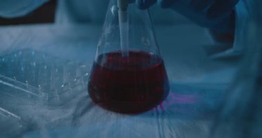 Bilim adamı kırmızı bir sıvıyı mikro pipetle birlikte konik bir şişeden çıkarıp test mikroplakasına yerleştiriyor. Yaklaş, sola dön, yavaş çekim, Bmpcc 4k. çekim. Konsept: kimya, bilim