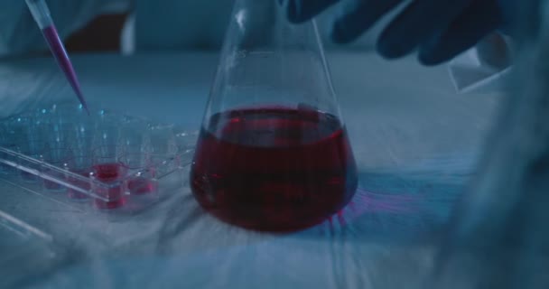 Wissenschaftler Legt Eine Rote Flüssigkeitsprobe Mit Mikropipette Ein Reagenzglas Nahaufnahme — Stockvideo