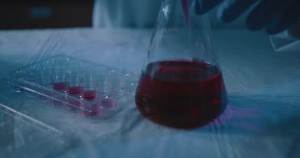 Scientist Placing Red Liquid Sample Micro Pipette Test Tubes Close — 비디오