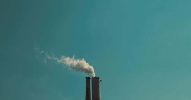 在蓝天的映衬下 燃煤发电厂烟囱冒出浓烟 慢动作 Bmpcc 恶劣的生态 环境和大气污染 工业对全球变暖的影响 — 图库视频影像