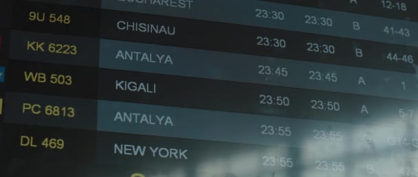 L'information sur l'état du vol change sur l'écran horaire de l'aéroport. Destination, portes d'embarquement, changement de statut de vol. BMPCC 4K 