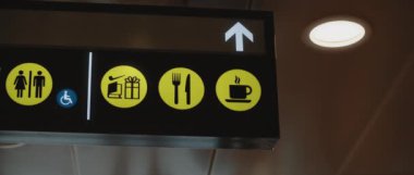 Tuvalet ve kafe tabelası siyah ve sarı, yön işareti, engelli erişim sembolü Bmpcc 4k