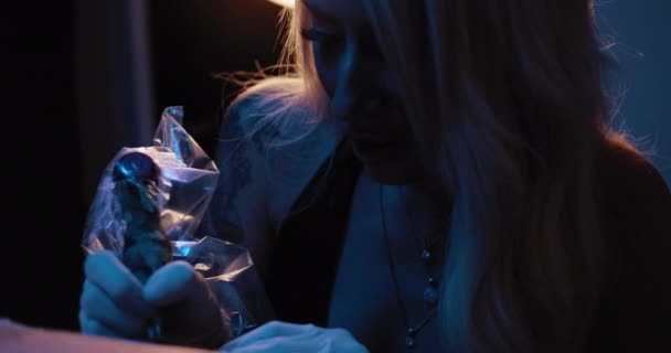 Close Young Female Tattoo Artist Working Her Studio Slow Motion — Stock Video