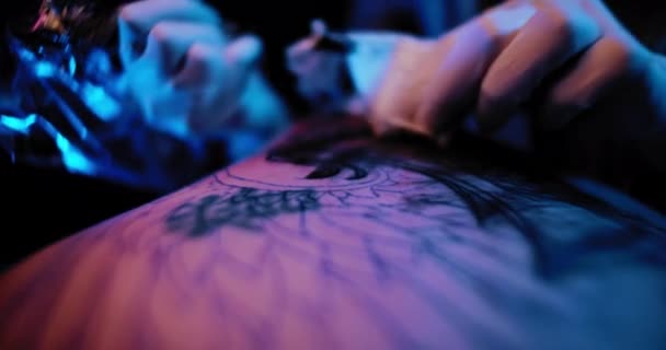 Tatueringsmästare Tatuerar Persons Kropp Makro Slow Motion Blå Studiobelysning Grunt — Stockvideo