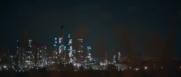 Centrale Électrique Usine Avec Lumières Allumées Nuit Bokeh Mise Point — Video