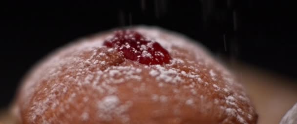 Sprinkling Sugar Powder Hanukkah Jelly Doughnut Slow Motion Bmpcc — Stockvideo