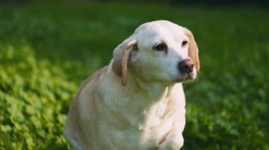 Sevimli beyaz Beagle-Labrador köpekleri, güneşli bir günde, açık havada, kovanın içinde otururken etrafa bakınıyorlar. Yavaş Hareket, ŞALLOW Dof, BMPCC 4K 
