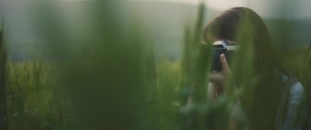 Young Girl Taking Photos Landscape Vintage Camera Middle Wheat Field — Stock Video