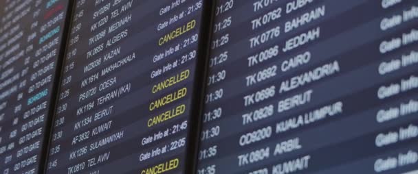 Sluiten Van Vlucht Schema Boord Met Geannuleerde Vluchten Informatie Luchthaven — Stockvideo