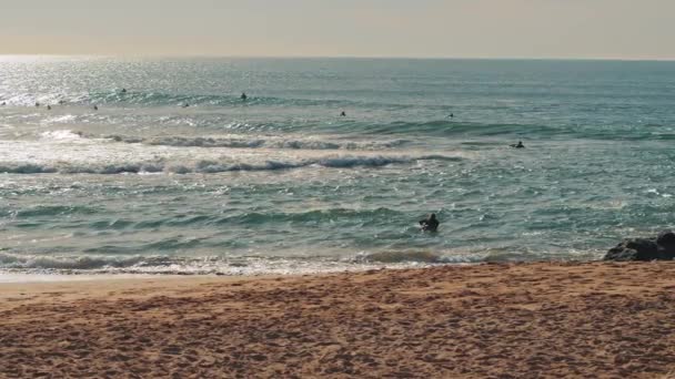 Pessoas Surfar Perto Costa Oceano Atlântico Pôr Sol Surfar Estilo — Vídeo de Stock