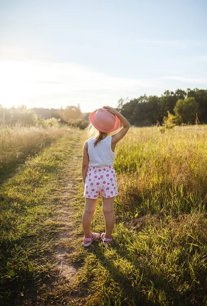 Bella bambina nel campo al tramonto. Natura, persone — Foto Stock