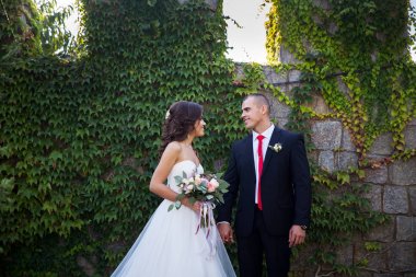 Gelin ve damat binalar yürüyüş. Düğün günü. Tatil giyim