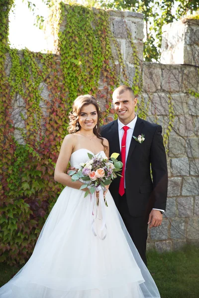 Sposa e sposo passeggiano per gli edifici. Il giorno del matrimonio. Vestiti da vacanza — Foto Stock