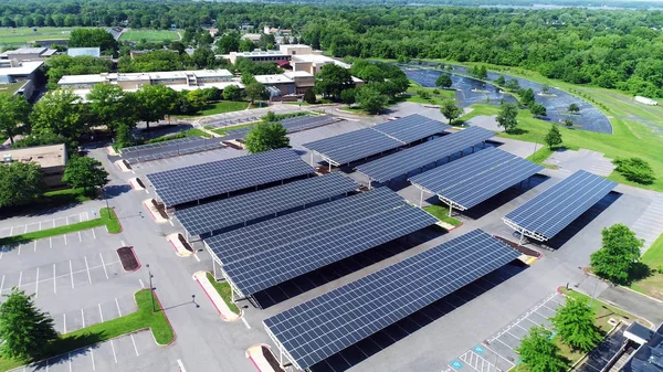 Aerial View Solar Panels Installed Roof Parking — Stock Photo, Image