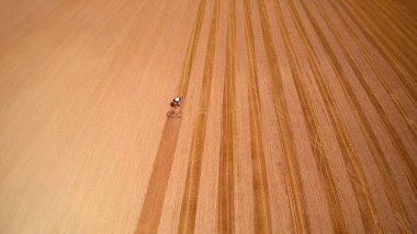 Güneşli bir günde tarlayı süren traktörün hava görüntüsü