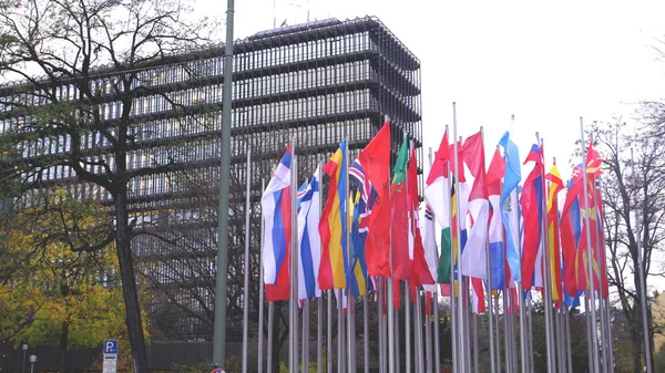 Ondeando Banderas Junto Moderno Edificio Del Gobierno — Foto de Stock