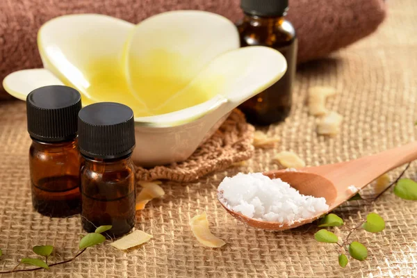 Coconut oil and essential oils Stock Photo