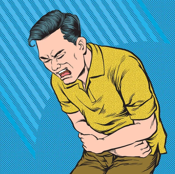 Mannen lijden aan een ernstige buikpijn.Pop art retro vector illustratie vintage kitsch tekening — Stockvector