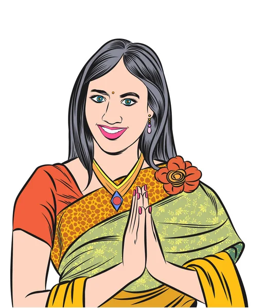 Indian woman raise her hands to respectfully welcome. — Stock Vector