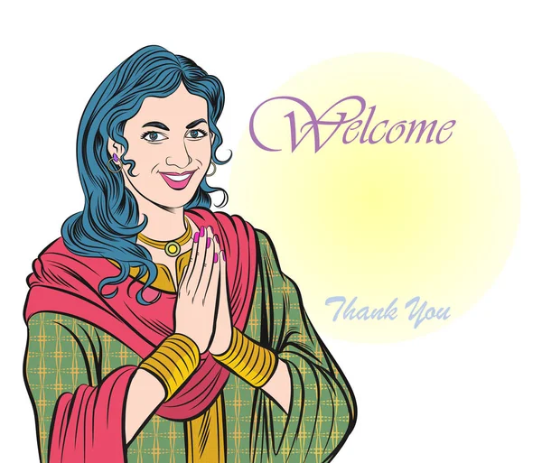 Indian woman raise her hands to respectfully welcome. — Stock Vector