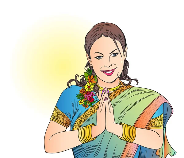 Indian woman raise her hands to respectfully welcome. — Stock Vector