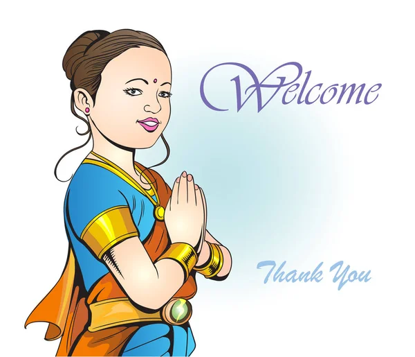 Indian children raise her hands to respectfully welcome. — Stock Vector