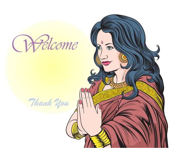 Indian woman raise her hands to respectfully welcome. — Stock Vector