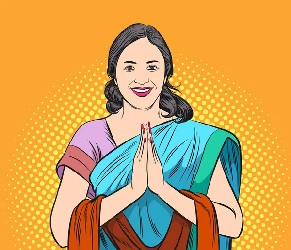 Mujer india levanta las manos para recibir respetuosamente . — Vector de stock