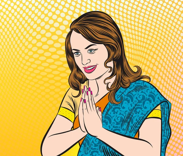 Femme indienne lever la main pour accueillir respectueusement . — Image vectorielle