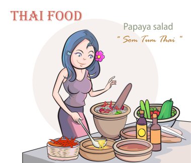Beyaz arka planda Tayland yemeği papaya salatası pişiren genç kadınlar. Pop Art retro illüstrasyon karikatür biçimi Vektörü. 