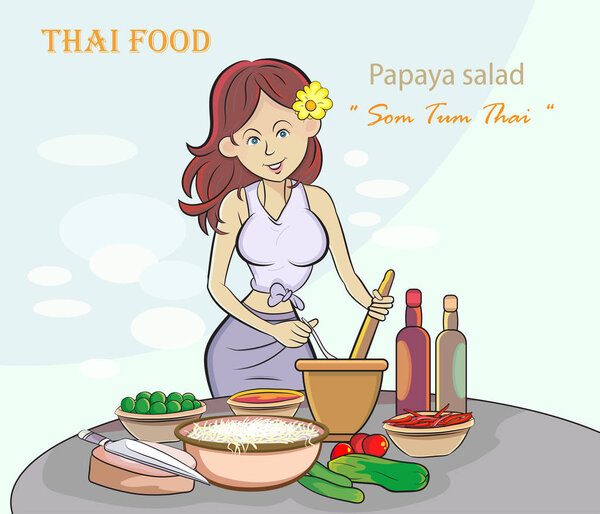 Young women cooking Thai food papaya salad. Pop art retro illustration comic Style Vector, Separate images of people from the background.