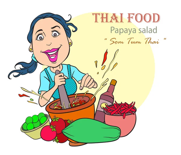 Young Women Cooking Thai Food Papaya Salad White Background Pop — Stock Vector