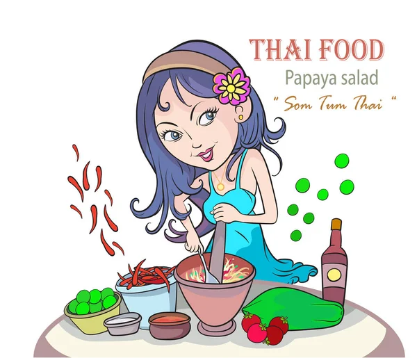 Schöne Frauen Kochen Populäres Thailändisches Essen Papayasalat Auf Weißem Hintergrund — Stockvektor