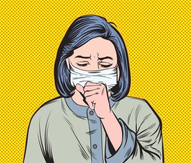 Öksürük maskesi takan bir kadın. Pop Art Hand çizilmiş biçim vektör tasarımı çizimleri.