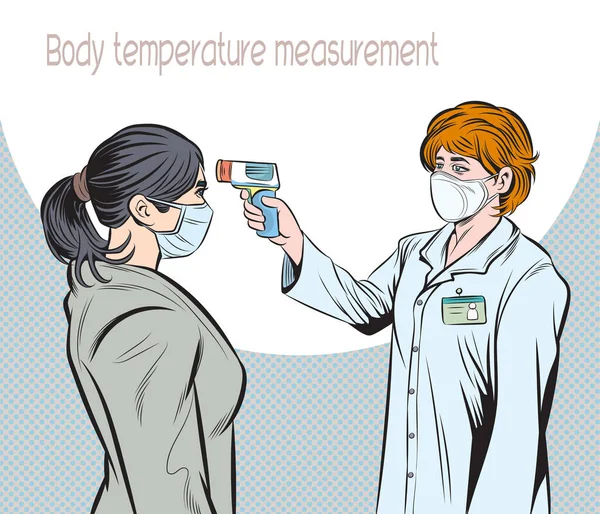 Female Officers Use Body Temperature Measuring Devices People Pop Art — Stock Vector